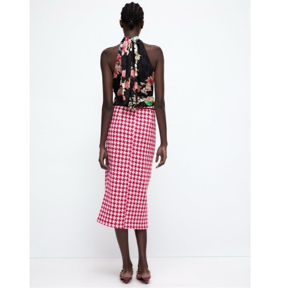 ZARA Tweed Textured Weave Houndstooth Faux Wrap Slit Midi Skirt Raspberry Pink S - Picture 4 of 16